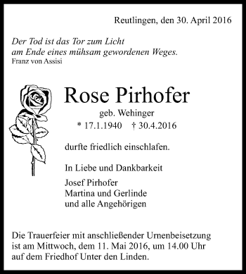 Anzeige von Rose Pirhofer von Reutlinger Generalanzeiger