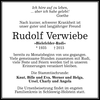 Anzeige von Rudolf Verwiebe von Reutlinger Generalanzeiger