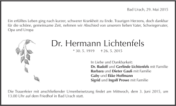 Anzeige von Hermann Lichtenfels von Reutlinger Generalanzeiger