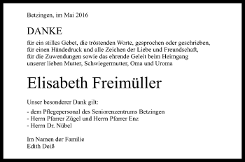 Anzeige von Elisabeth Freimüller von Reutlinger Generalanzeiger