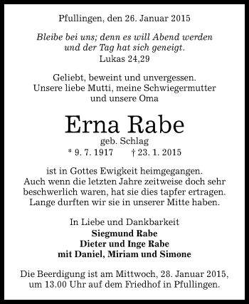 Anzeige von Erna Rabe von Reutlinger Generalanzeiger