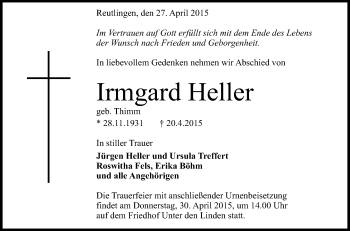 Anzeige von Irmgard Heller von Reutlinger Generalanzeiger