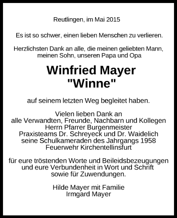 Anzeige von Winfried Mayer von Reutlinger Generalanzeiger