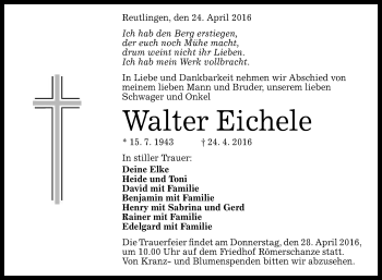 Anzeige von Walter Eichele von Reutlinger Generalanzeiger