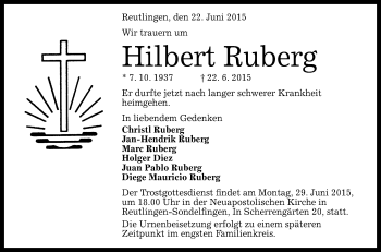 Anzeige von Hilbert Ruberg von Reutlinger Generalanzeiger