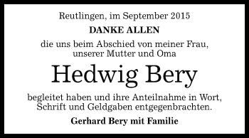 Anzeige von Hedwig Bery von Reutlinger Generalanzeiger