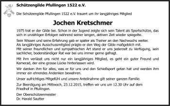 Anzeige von Jochen Kretschmer von Reutlinger Generalanzeiger