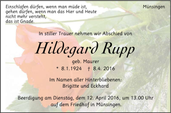 Anzeige von Hildegard Rupp von Reutlinger Generalanzeiger