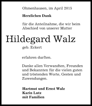 Anzeige von Hildegard Walz von Reutlinger Generalanzeiger