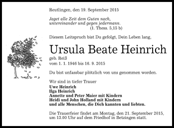 Anzeige von Ursula Beate Heinrich von Reutlinger Generalanzeiger