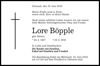 Anzeige von Lore Böpple von Reutlinger Generalanzeiger