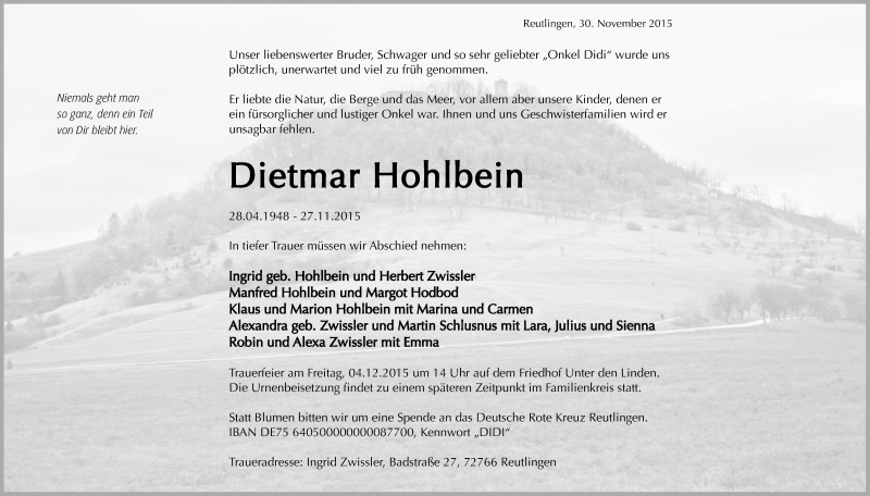  Traueranzeige für Dietmar Hohlbein vom 01.12.2015 aus Reutlinger Generalanzeiger