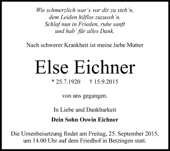 Anzeige von Else Eichner von Reutlinger Generalanzeiger