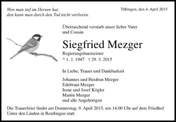 Anzeige von Siegfried Mezger von Reutlinger Generalanzeiger