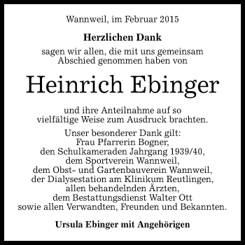 Anzeige von Heinrich Ebinger von Reutlinger Generalanzeiger