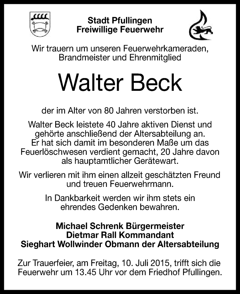  Traueranzeige für Walter Beck vom 07.07.2015 aus Reutlinger Generalanzeiger