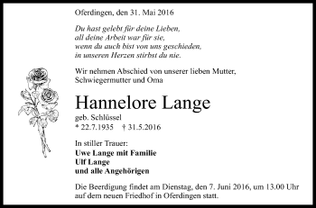 Anzeige von Hannelore Lange von Reutlinger Generalanzeiger