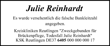 Anzeige von Julie Reinhardt von Reutlinger Generalanzeiger