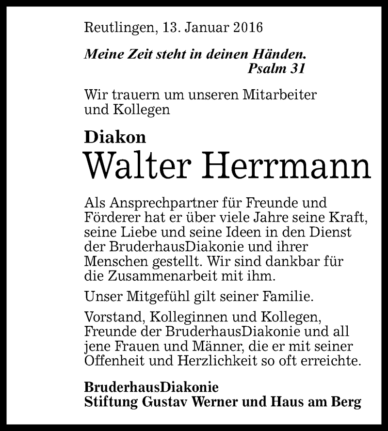  Traueranzeige für Walter Herrmann vom 16.01.2016 aus Reutlinger Generalanzeiger