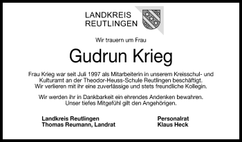 Anzeige von Gudrun Krieg von Reutlinger Generalanzeiger