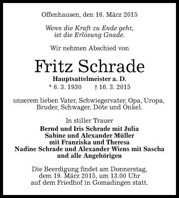 Anzeige von Fritz Schrade von Reutlinger Generalanzeiger