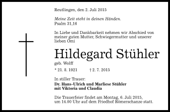 Anzeige von Hildegard Stühler von Reutlinger Generalanzeiger