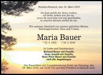 Anzeige von Maria Bauer von Reutlinger Generalanzeiger