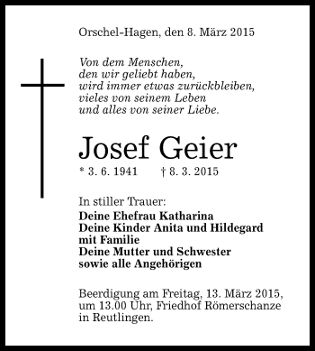 Anzeige von Josef Geier von Reutlinger Generalanzeiger