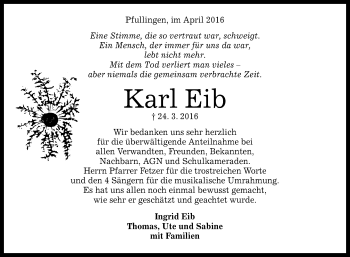 Anzeige von Karl Eib von Reutlinger Generalanzeiger