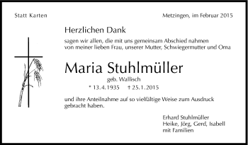 Anzeige von Maria Stuhlmüller von Reutlinger Generalanzeiger