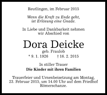 Anzeige von Dora Deicke von Reutlinger Generalanzeiger