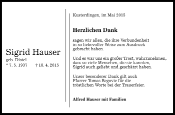 Anzeige von Sigrid Hauser von Reutlinger Generalanzeiger