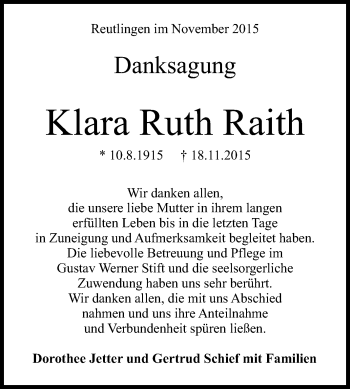 Anzeige von Klara Ruth Raith von Reutlinger Generalanzeiger