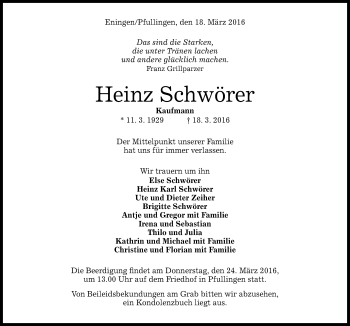 Anzeige von Heinz Schwörer von Reutlinger Generalanzeiger