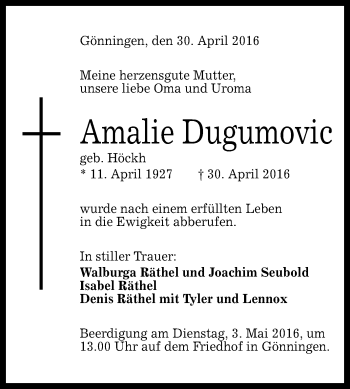 Anzeige von Amalie Dugumovic von Reutlinger Generalanzeiger