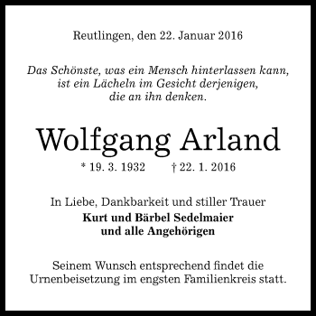 Anzeige von Wolfgang Arland von Reutlinger Generalanzeiger