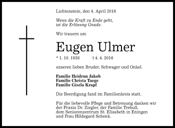 Anzeige von Eugen Ulmer von Reutlinger Generalanzeiger