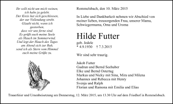 Anzeige von Hilde Futter von Reutlinger Generalanzeiger