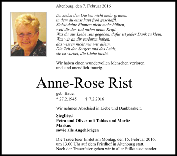 Anzeige von Anne-Rose Rist von Reutlinger Generalanzeiger