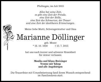 Anzeige von Marianne Döllinger von Reutlinger Generalanzeiger