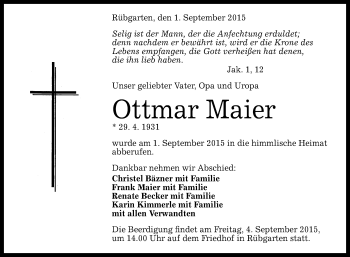 Anzeige von Ottmar Maier von Reutlinger Generalanzeiger