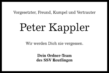 Anzeige von Peter Kappler von Reutlinger Generalanzeiger