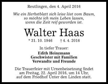 Anzeige von Walter Haas von Reutlinger Generalanzeiger