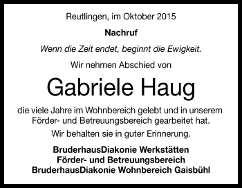 Anzeige von Gabriele Haug von Reutlinger Generalanzeiger