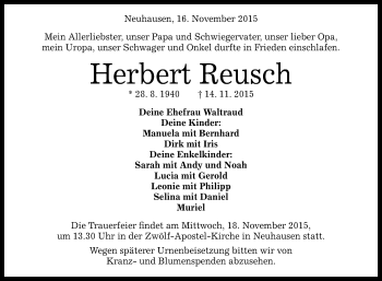 Anzeige von Herbert Reusch von Reutlinger Generalanzeiger