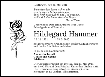 Anzeige von Hildegard Hammer von Reutlinger Generalanzeiger