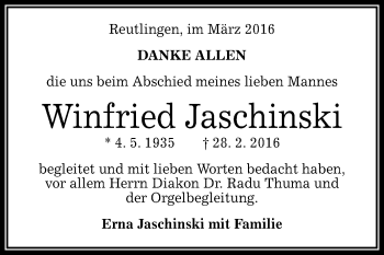 Anzeige von Winfried Jaschinski von Reutlinger Generalanzeiger