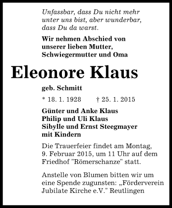 Anzeige von Eleonore Klaus von Reutlinger Generalanzeiger
