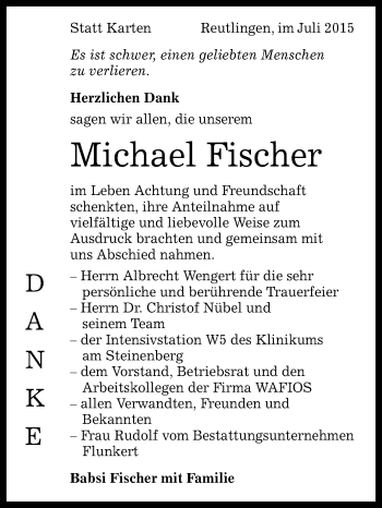 Anzeige von Michael Fischer von Reutlinger Generalanzeiger
