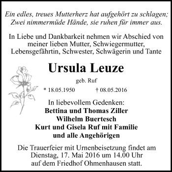 Anzeige von Ursula Leuze von Reutlinger Generalanzeiger